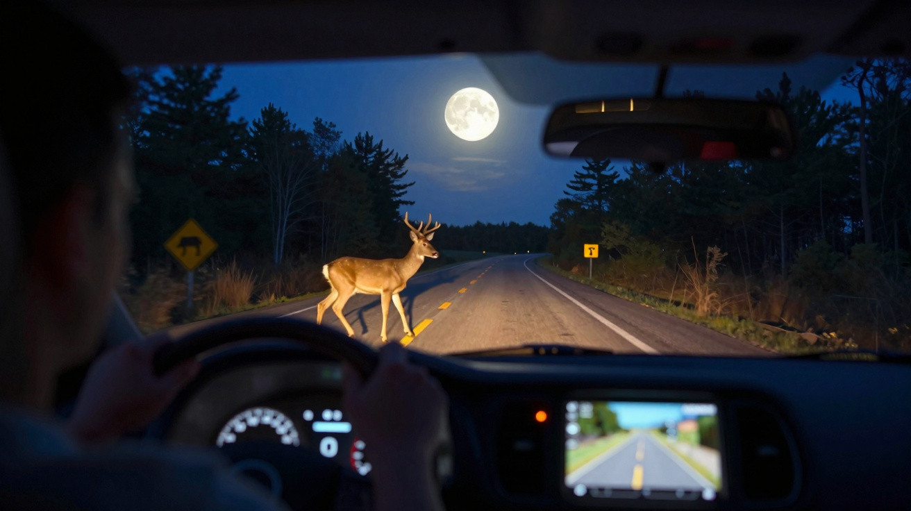 Driver approaches a deer crossing a rural road at night under a full moon.