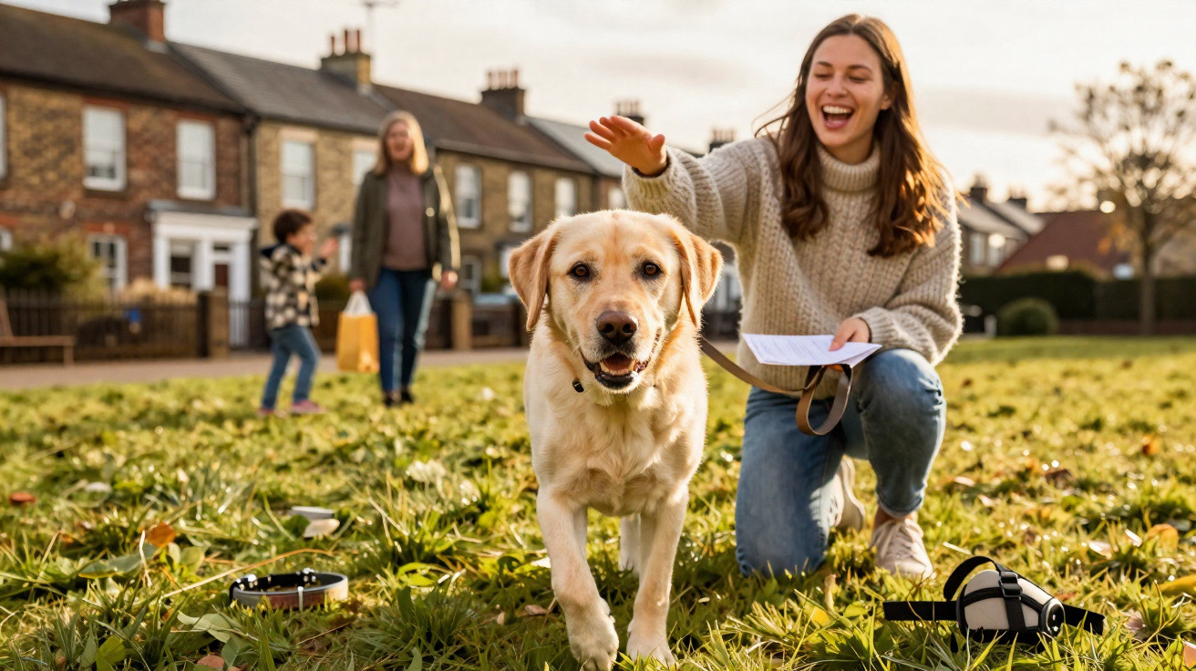 Woman kneeling on grass smiling and petting a happy golden retriever with houses in the background.