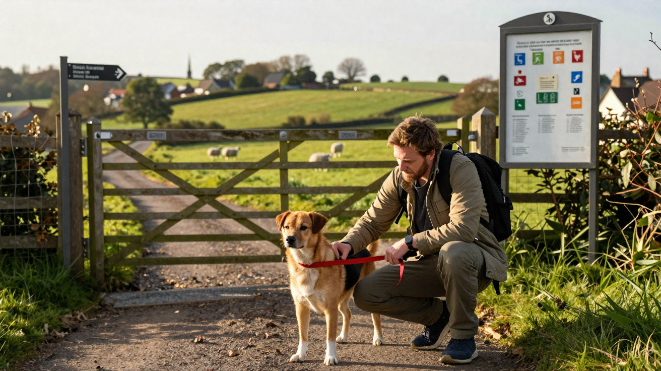 Man with backpack crouching and holding a dog on a lead near a countryside gate and information board.