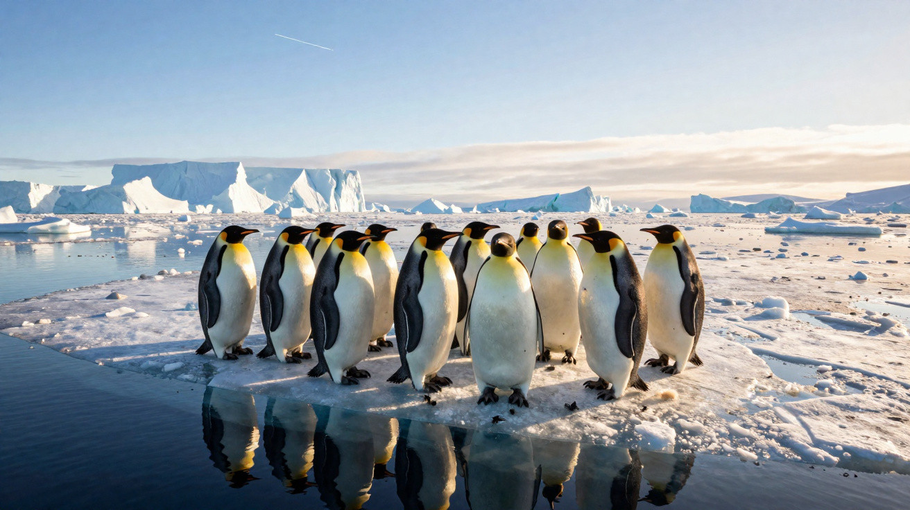 A group of emperor penguins standing on an ice floe with snowy icebergs and calm water in the background.