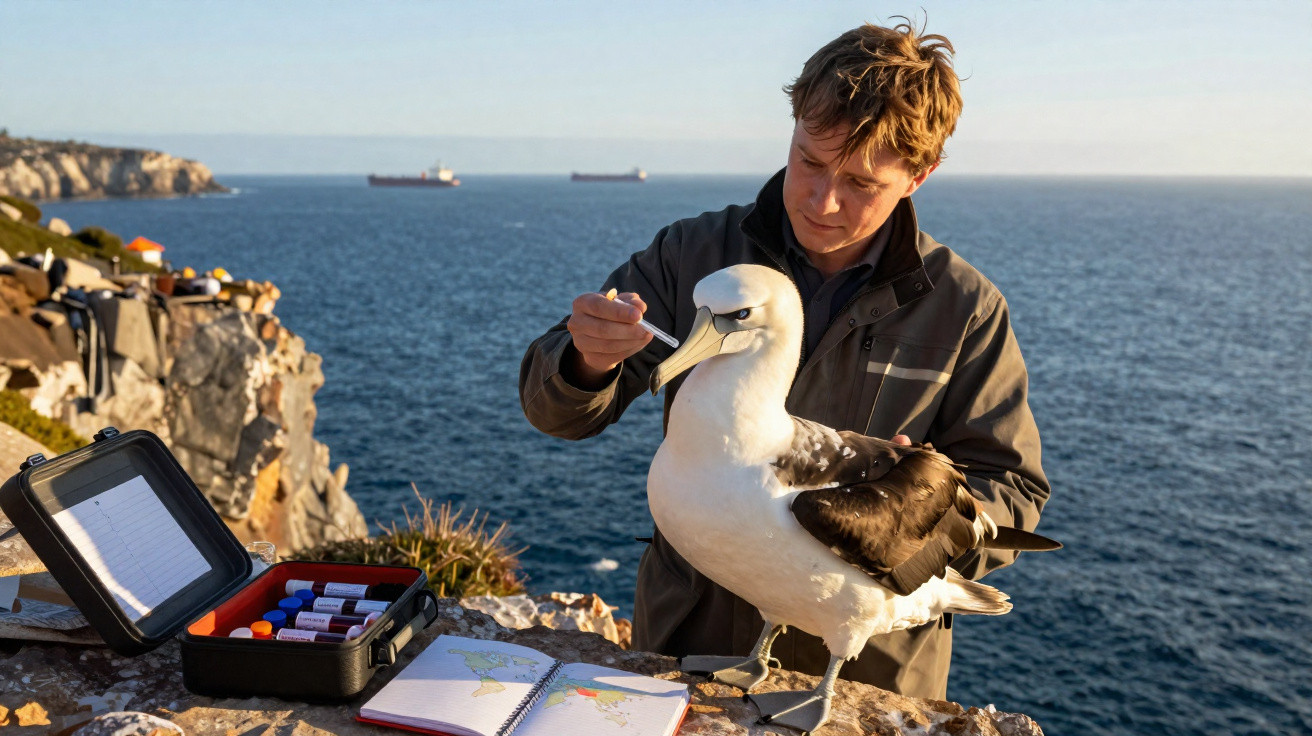 A researcher taking a sample from a large seabird on a cliffside overlooking the ocean with ships in the distance.