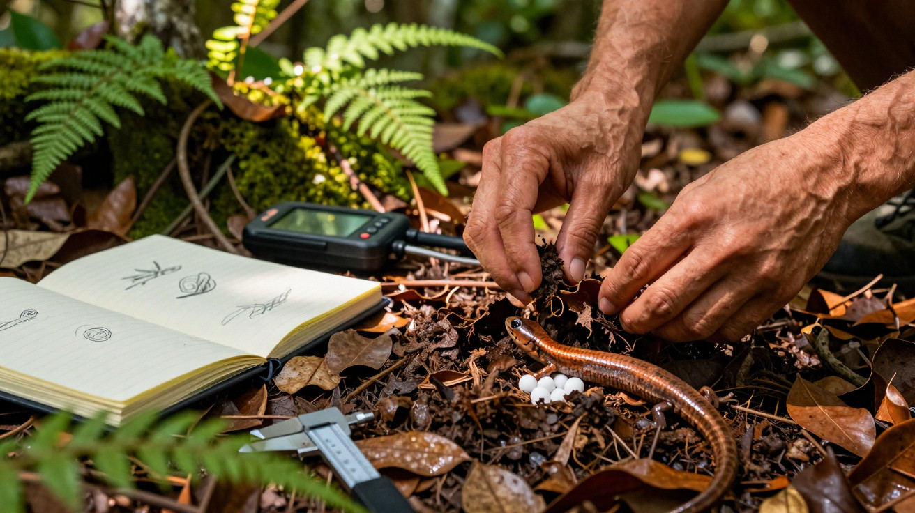 Hands examining a large millipede on forest floor near notebook, caliper, and handheld device with fern background.