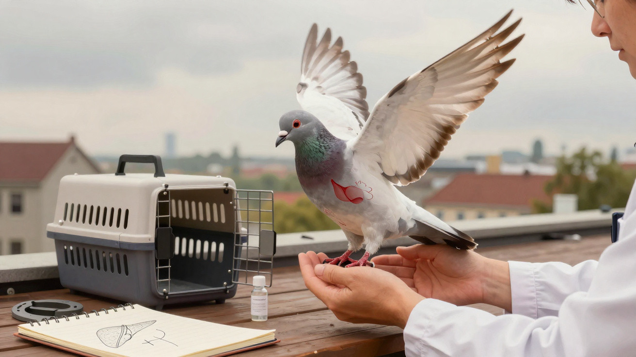 Veterinarian releasing a pigeon with a heart illustration on its chest on a rooftop table with medical equipment.