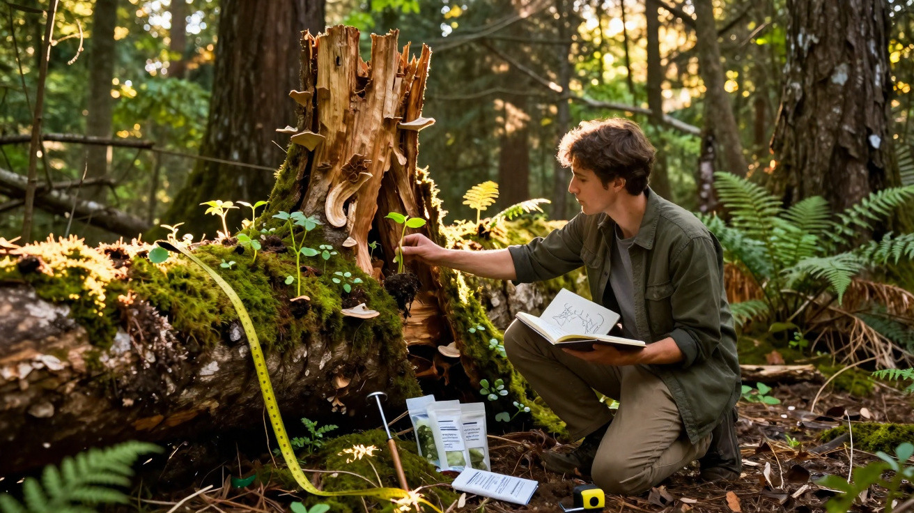 Person studying plants on a moss-covered fallen tree in a sunny forest, surrounded by research tools and notes.