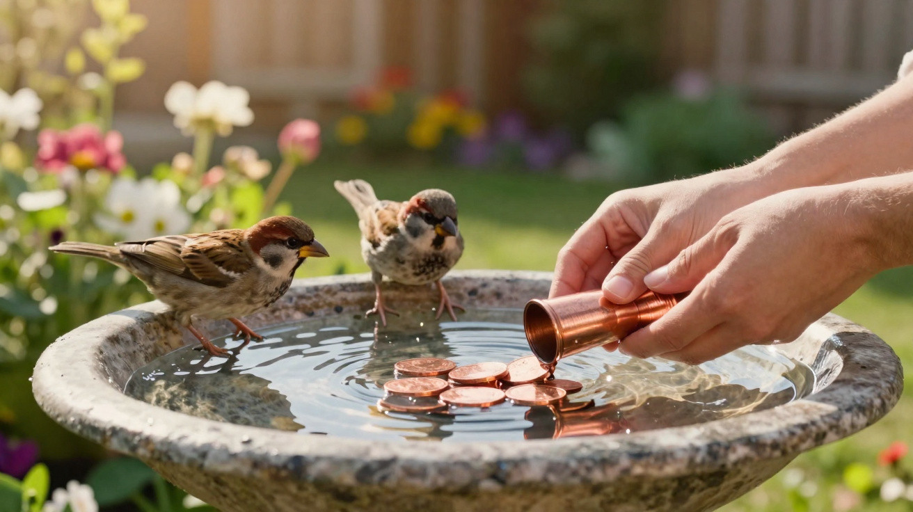 Two sparrows drinking from a garden birdbath with pennies and water being poured from a copper cup.
