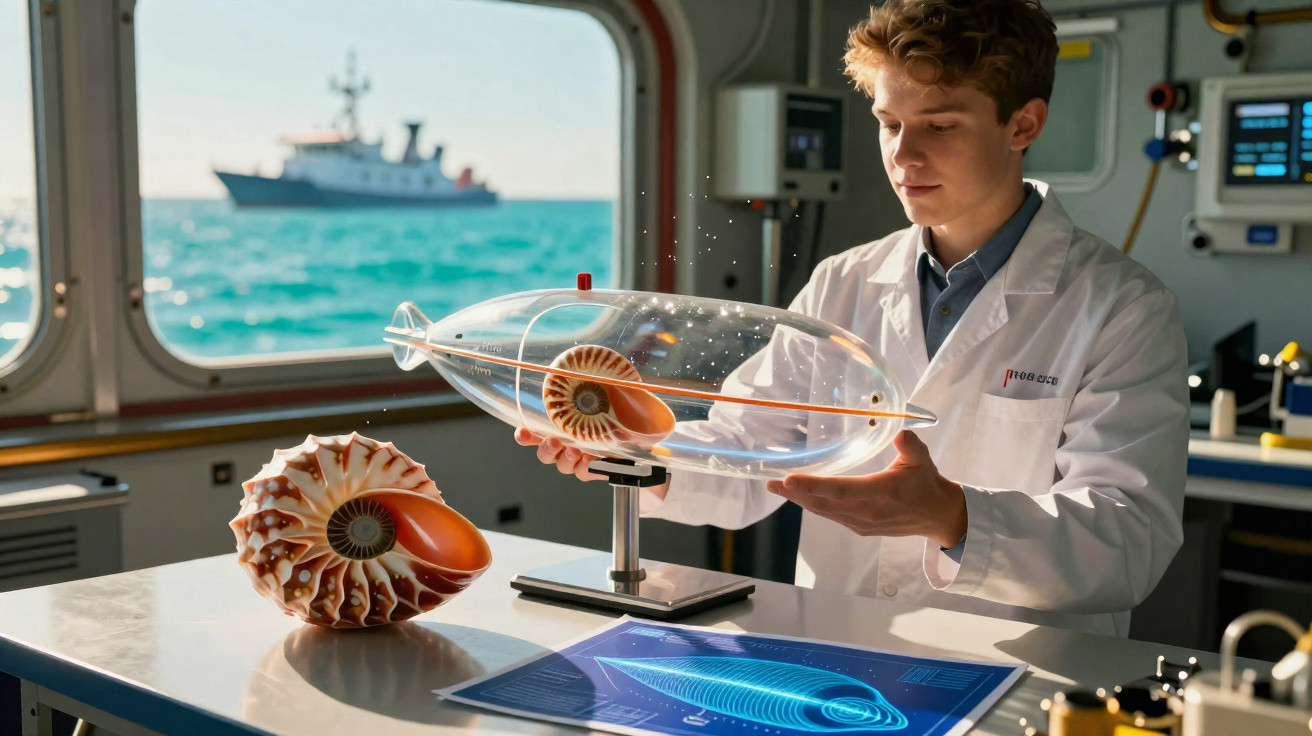 Young scientist examining a large nautilus shell model inside a laboratory with an ocean view.