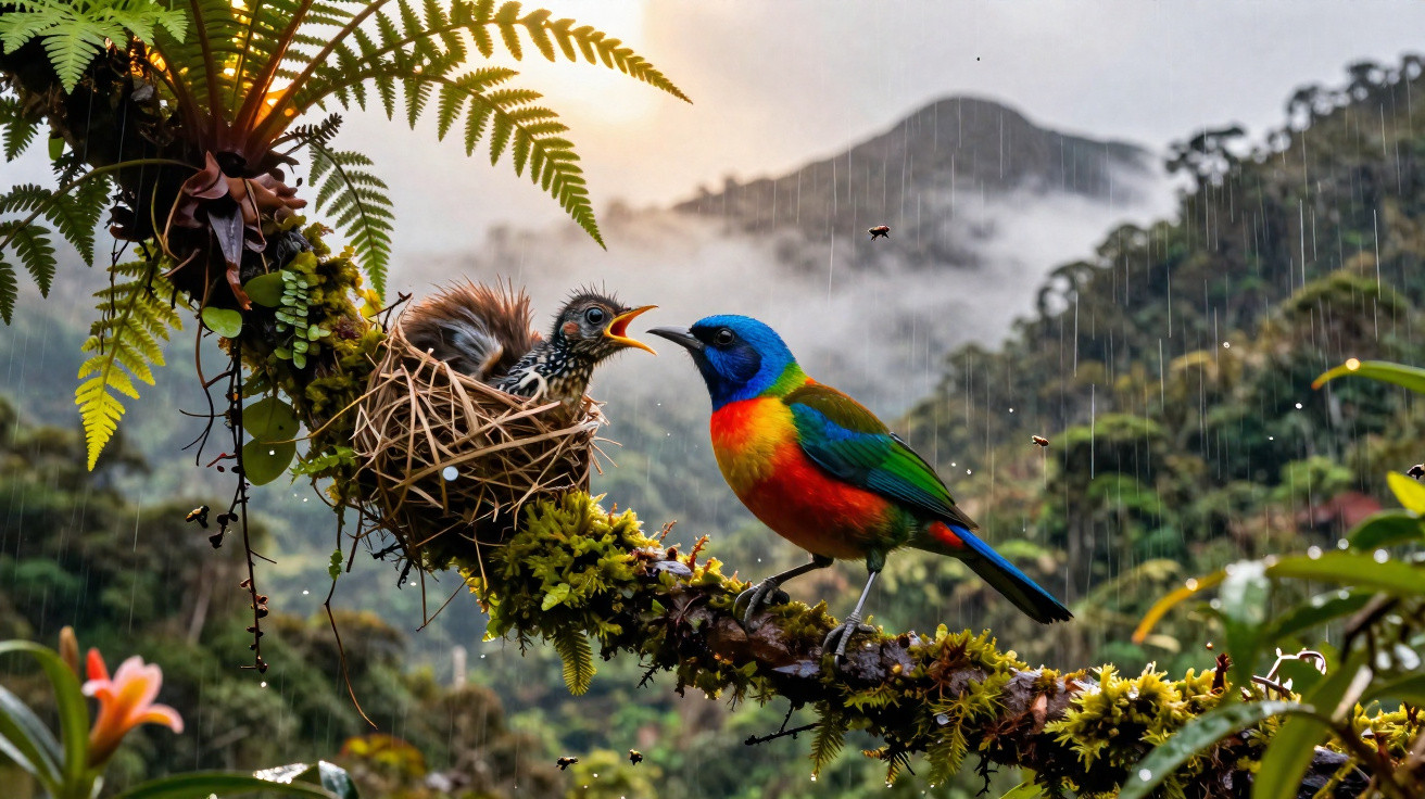 Colourful adult bird feeding chick in nest on mossy branch with misty mountains in background in the rain