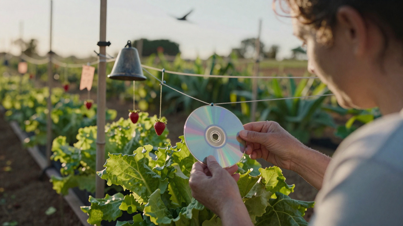 Person holding a CD near strawberry plants in a garden with a bell and hanging strawberries.