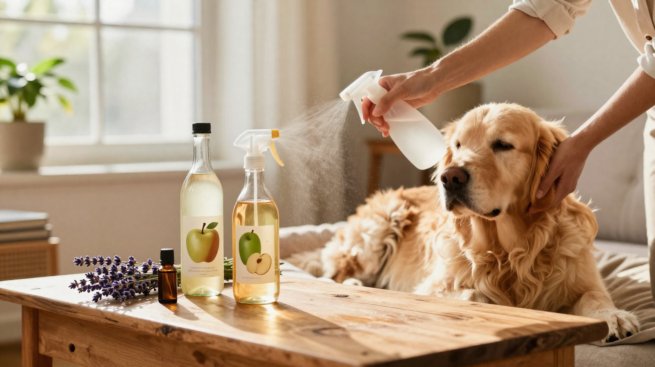 Person spraying natural pet care spray on a golden retriever resting on a couch next to lavender and oils