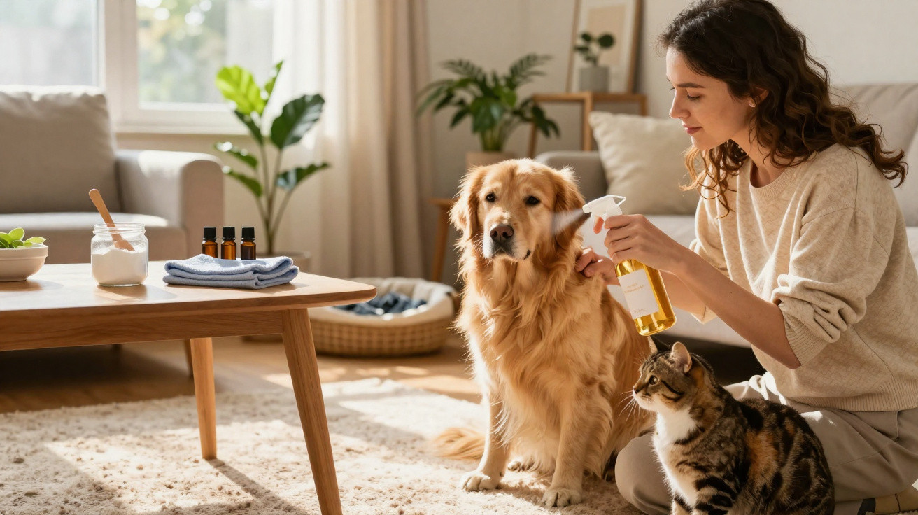 Woman grooming a golden retriever dog with a spray bottle while a cat sits nearby in a sunny living room.