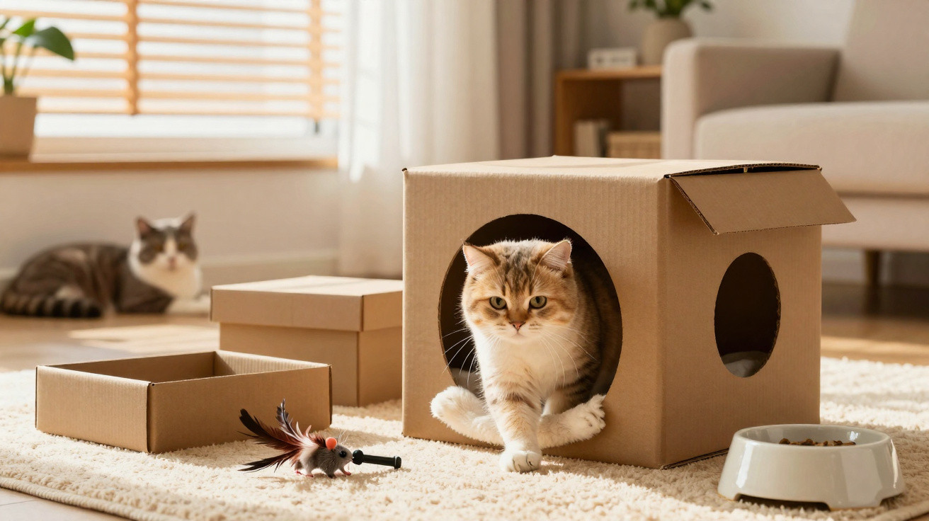 Tabby cat stepping out of a cardboard box house on a rug with a toy and food bowl nearby.