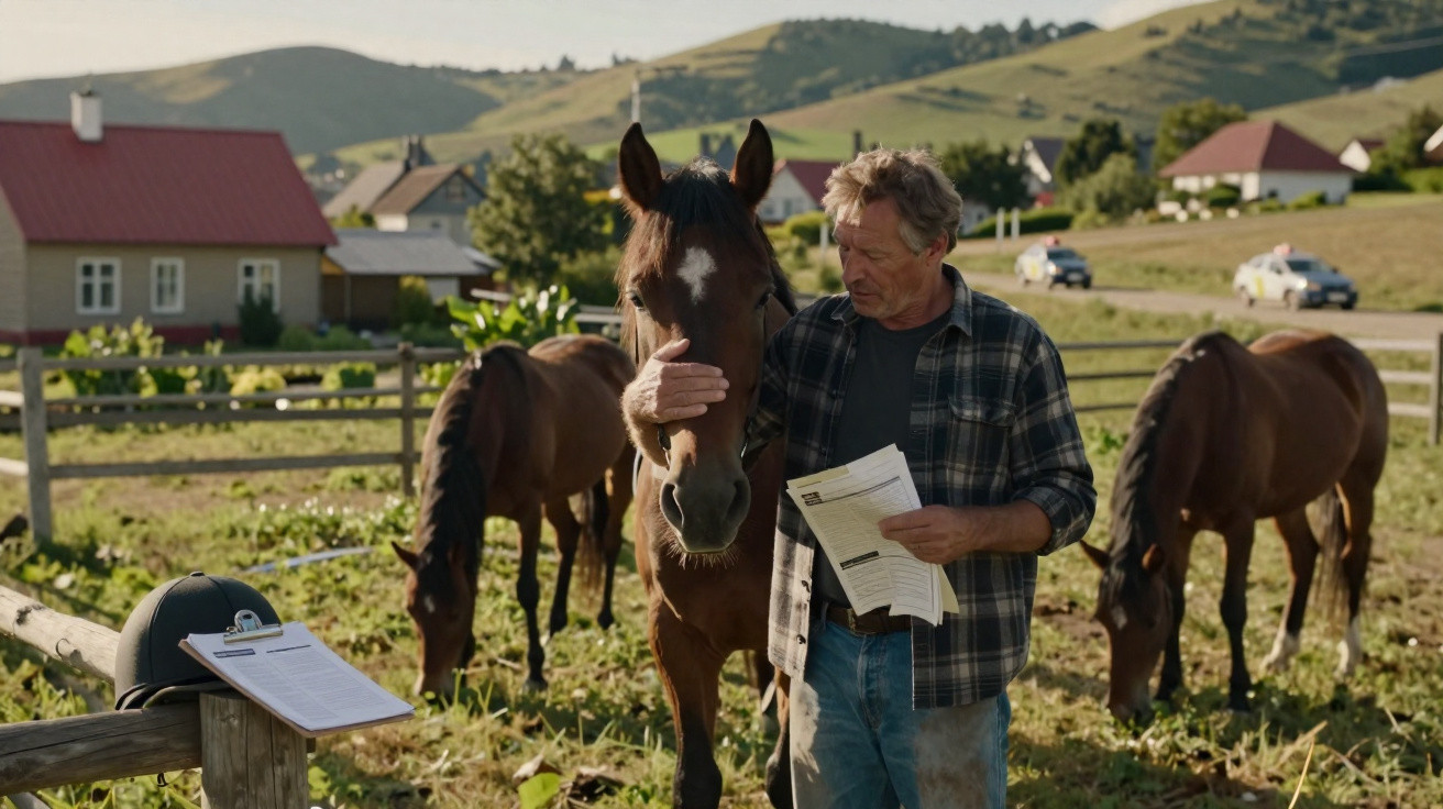 Man in plaid shirt petting brown horse in a rural paddock with other horses and houses in background.