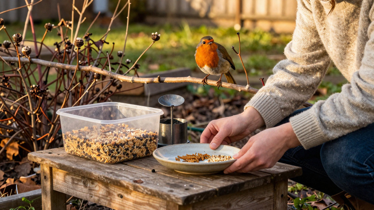 Person feeding a robin on a branch near a wooden table with birdseed and a plate outdoors.