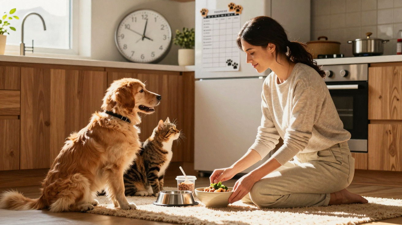 Woman feeding a golden retriever and a tabby cat in a bright, modern kitchen.