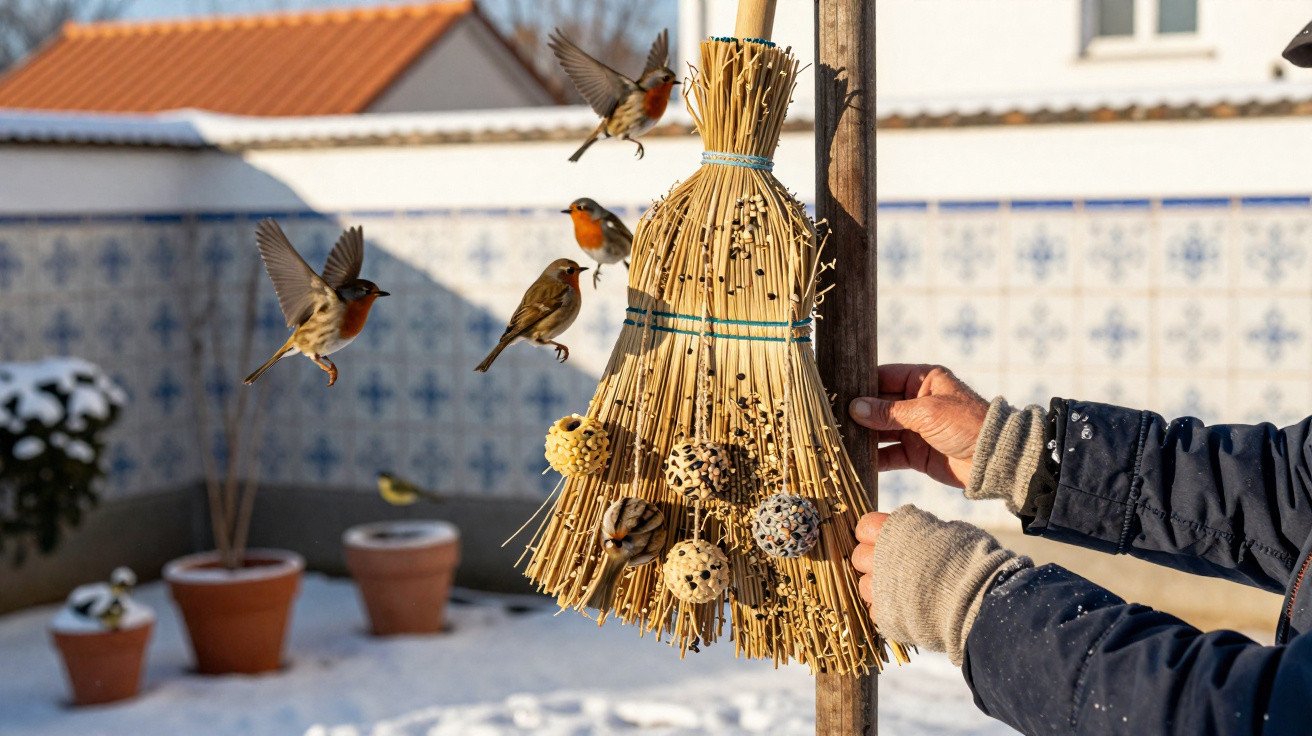 Person holding a straw broom with bird feeders attracting several small birds in a snowy garden.