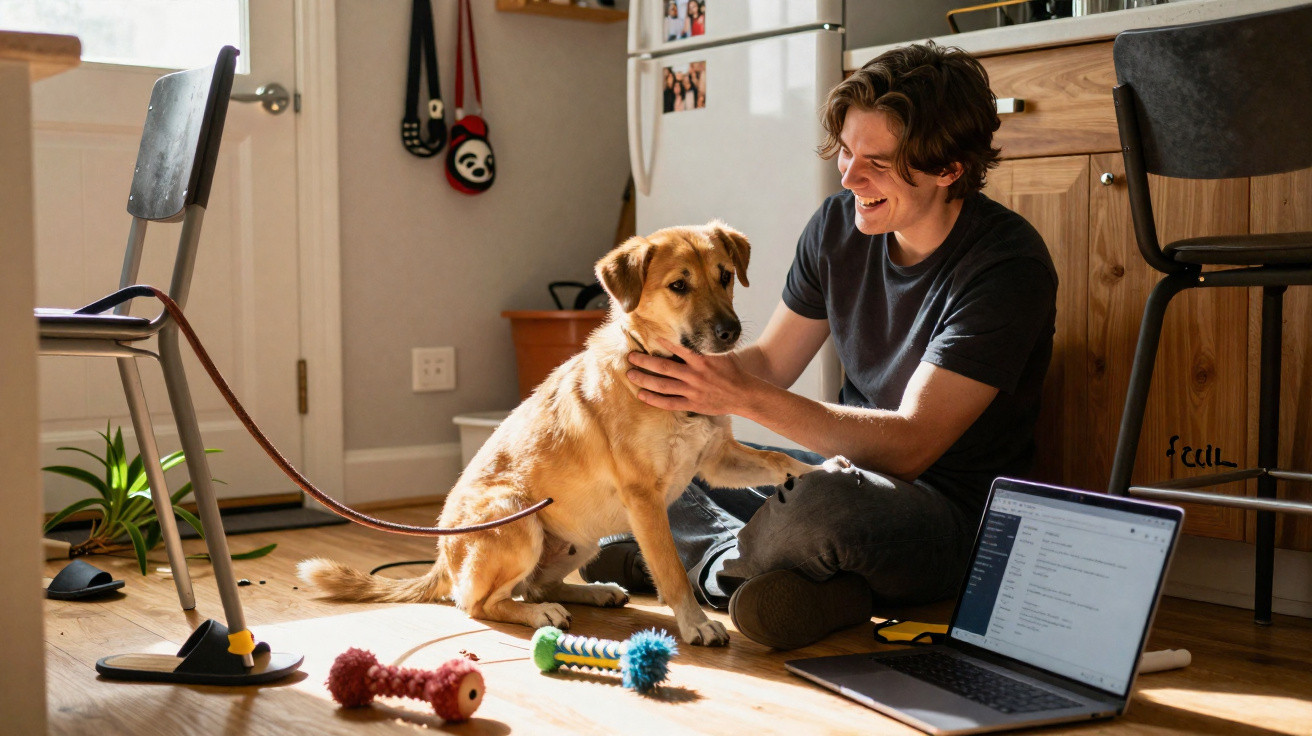 Young man sitting on kitchen floor playing with a tan dog next to a laptop and dog toys in sunlight.