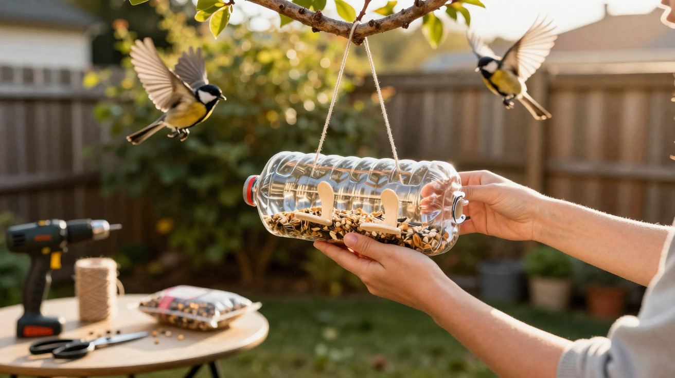 Hands holding a DIY bird feeder made from a plastic bottle with two birds flying nearby in a garden.