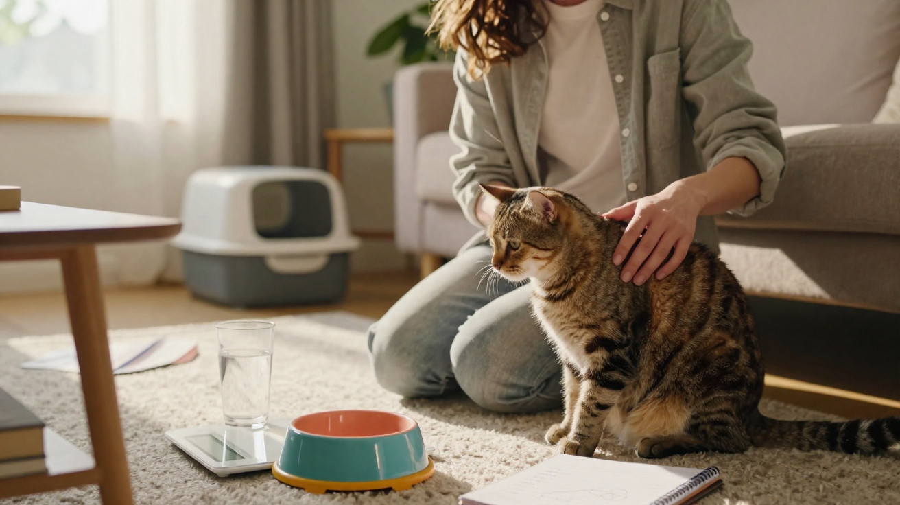 Person kneeling on floor petting tabby cat near food bowl, glass of water, and litter box in living room.