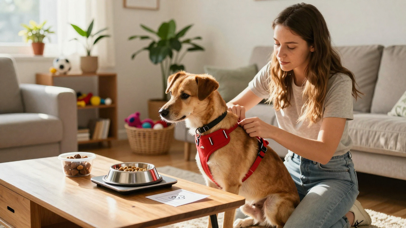 Woman fastening a red harness on a brown dog in a living room near a table with dog food bowls.