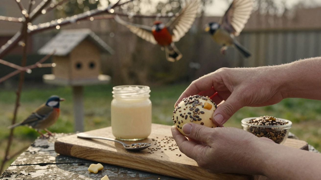 Hands holding a seed-covered bird treat on a wooden board with birds flying and perched near a bird feeder.