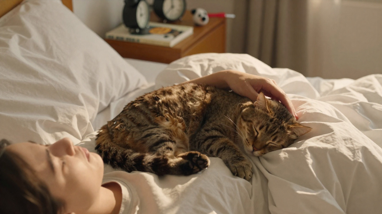 Person lying in bed gently stroking a sleeping tabby cat curled up on white sheets in soft natural light.