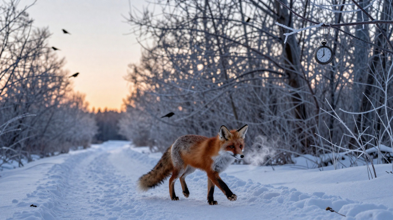 Red fox walking on a snowy path with breath visible in cold air during sunrise in a frosty forest.