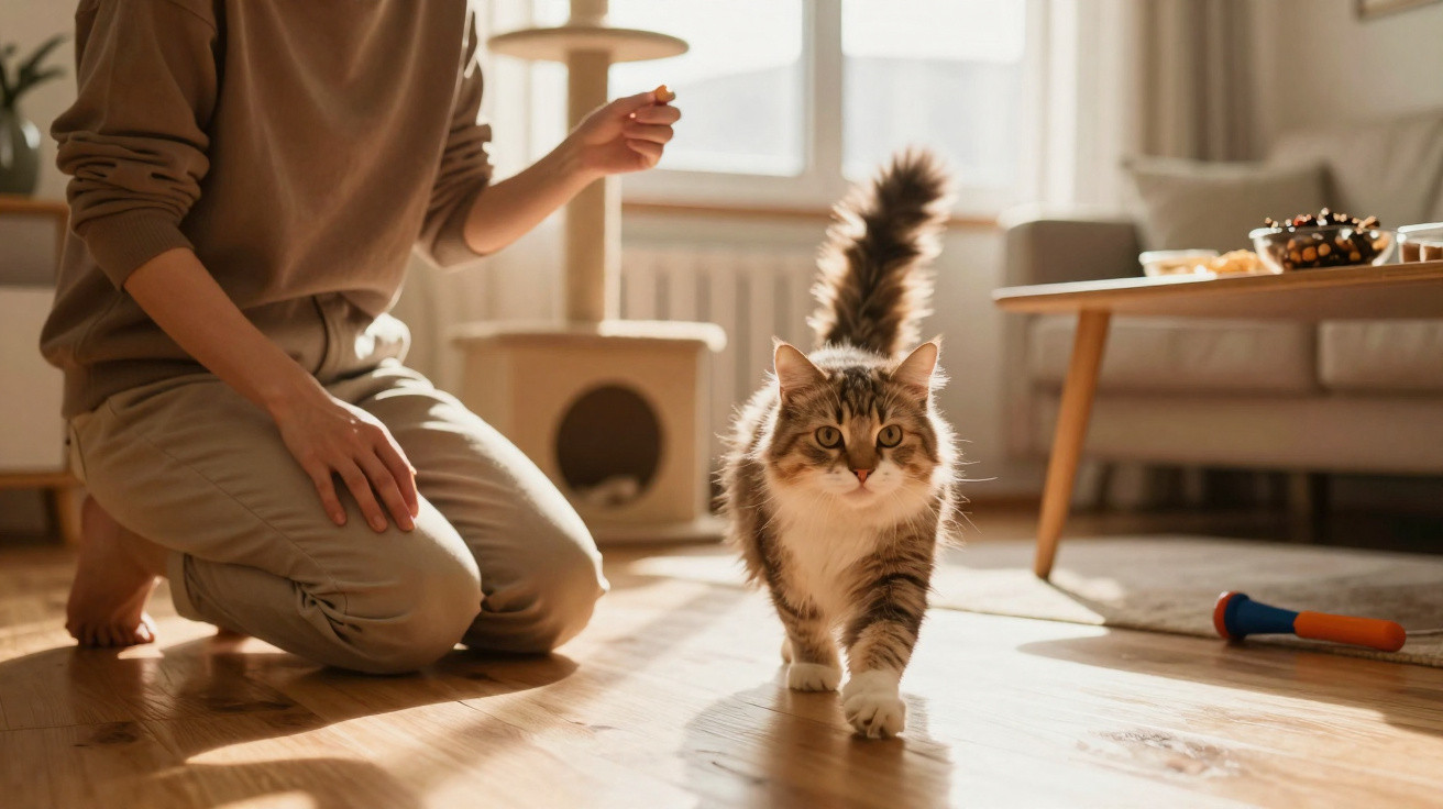 Tabby cat walking on wooden floor near person kneeling and playing indoors in sunlight.