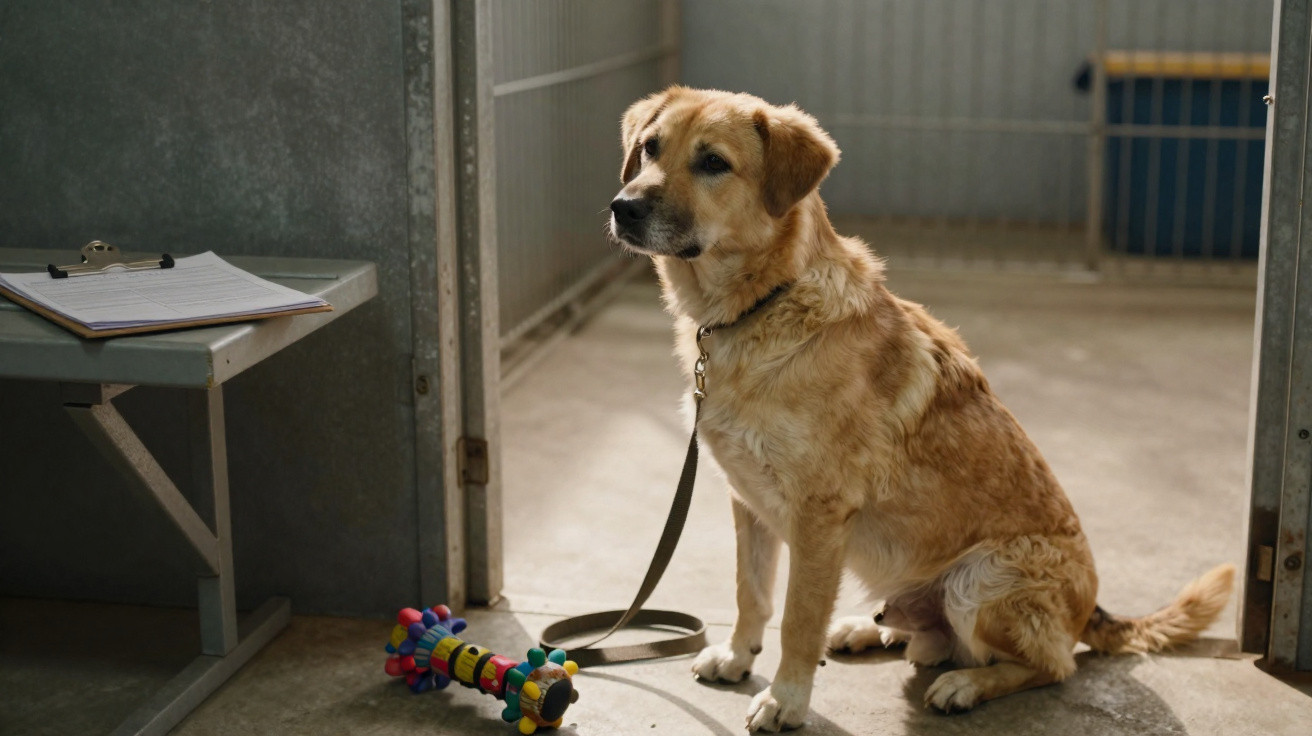 Golden retriever mix dog sitting on the floor of a kennel with a colourful chew toy and clipboard nearby.