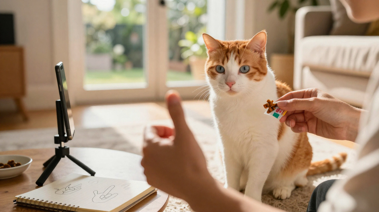 Person giving a thumbs-up to a ginger and white cat during an online video session at home.