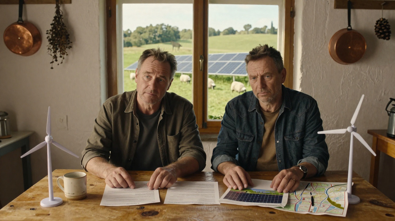 Two men sit at a wooden table with documents, wind turbine models, and a window showing solar panels and sheep outside.