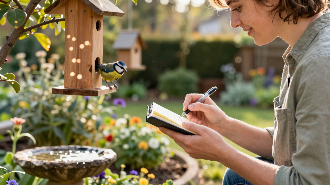 Person writing in a notebook in a garden, observing a blue tit bird perched on a wooden birdhouse feeder.