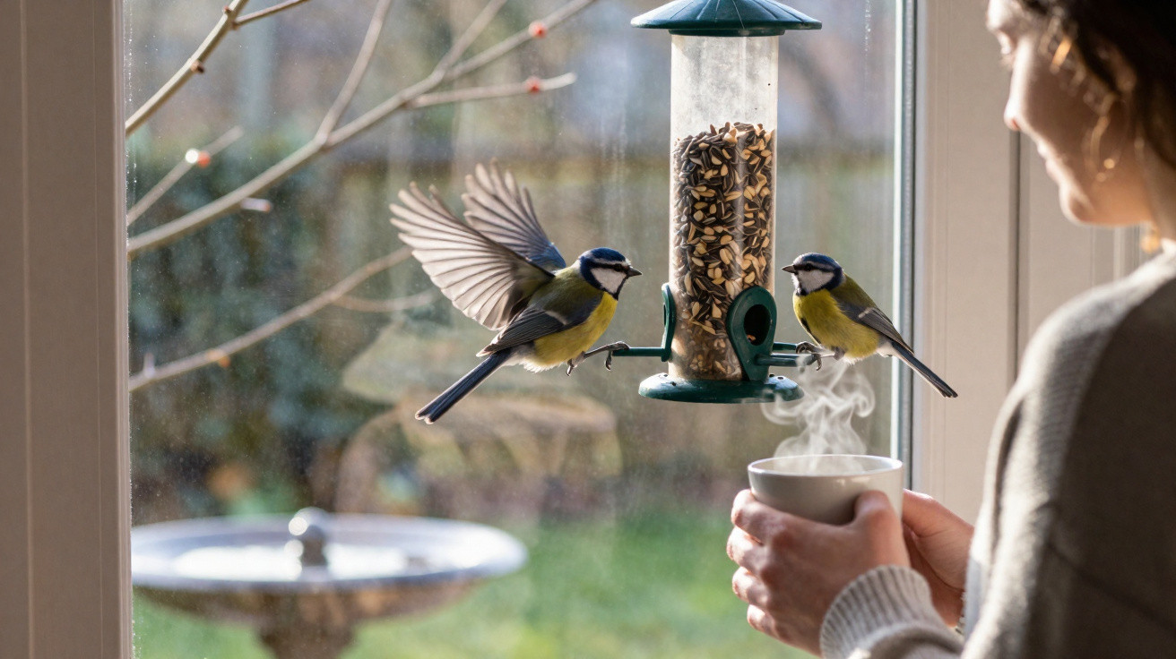 Two birds feeding from a window-mounted bird feeder as a person holds a steaming cup nearby.