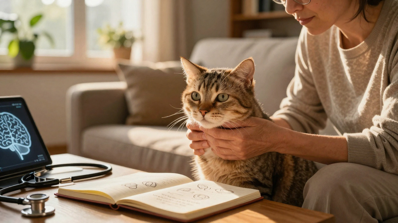 Person gently holding a tabby cat by the chin next to an open notebook and a tablet showing a brain image.