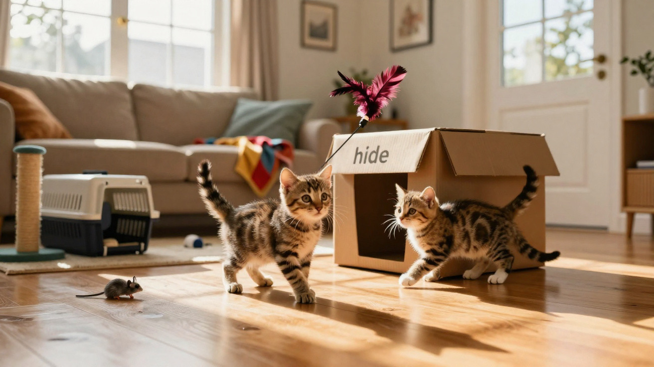Two tabby kittens playing with a feather toy near a cardboard box labelled "hide" in a sunlit living room