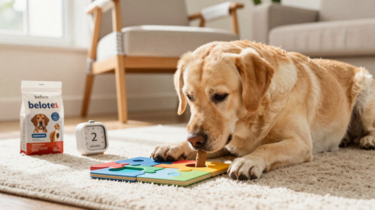 Golden Labrador lying on a carpet interacting with a colourful puzzle toy and a treat in a bright living room.