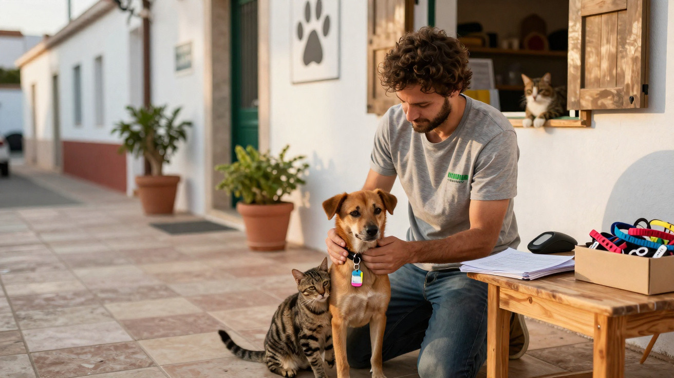 Man kneeling outdoors petting a dog with a cat beside them and another cat in a window ledge behind.