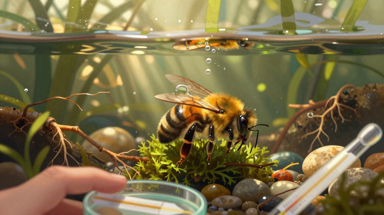 Close-up of a bee underwater near plants and pebbles with a hand holding a thermometer in the foreground.