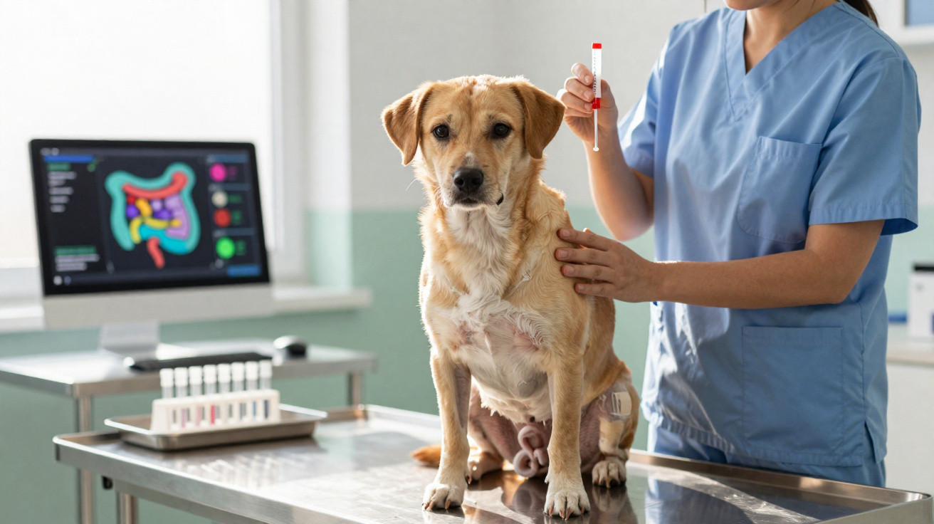 Vet in blue scrubs preparing to inject a calm Labrador on a metal table in a clinic with digestive system diagram on screen.
