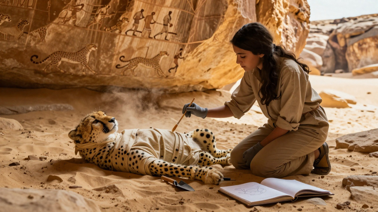 Woman examining and painting a tranquil cheetah wrapped in cloth, under ancient rock art in a desert setting.