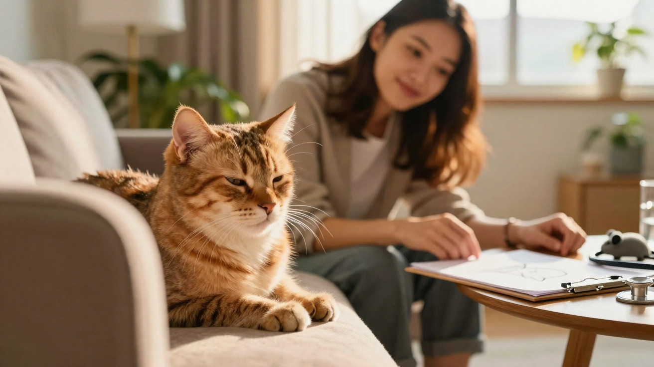 Tabby cat resting on a sofa with a woman sketching at a table in a bright, cozy living room.