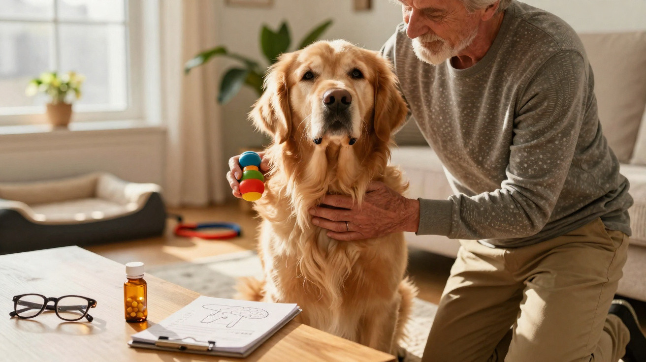 Elderly man examining a golden retriever holding a colourful dog toy in a bright living room.