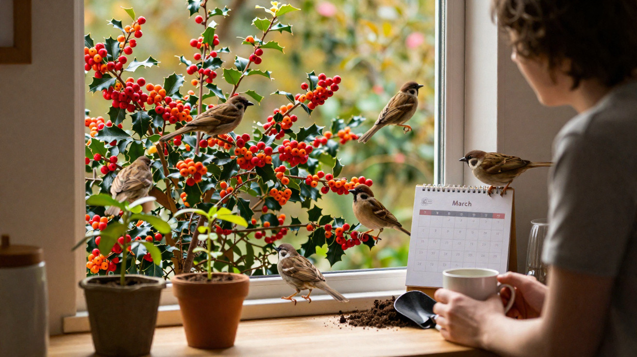 Several small birds perched on a holly bush outside a kitchen window with a person holding a mug indoors.