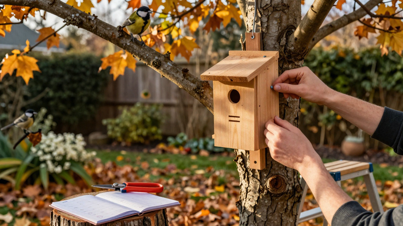 Person installing a wooden birdhouse on a tree with autumn leaves and birds nearby in a garden.