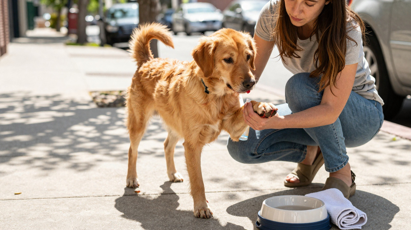 Golden retriever giving paw to woman crouching on a sunny pavement with a water bowl and towel nearby
