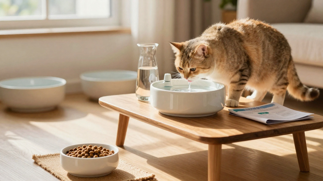 Tabby cat drinking water from a fountain bowl on a wooden table with food and a water jug nearby.