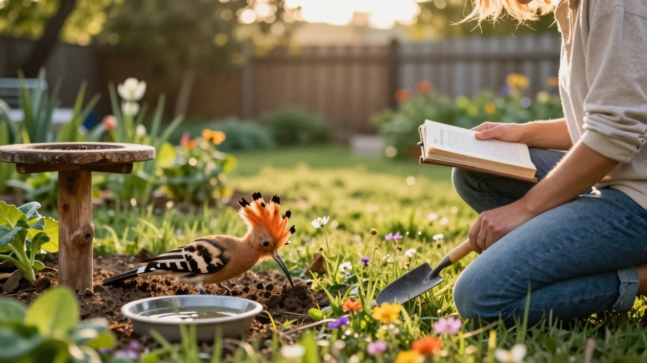 Person gardening with a trowel and book, observing a colorful hoopoe bird in a sunny flower garden.