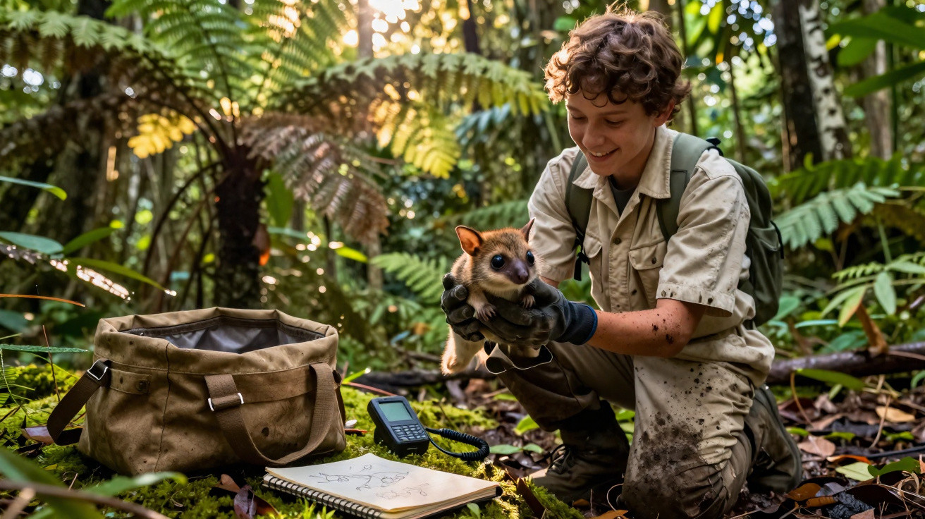 Young researcher examining a small marsupial in a lush forest with equipment and notebook nearby.