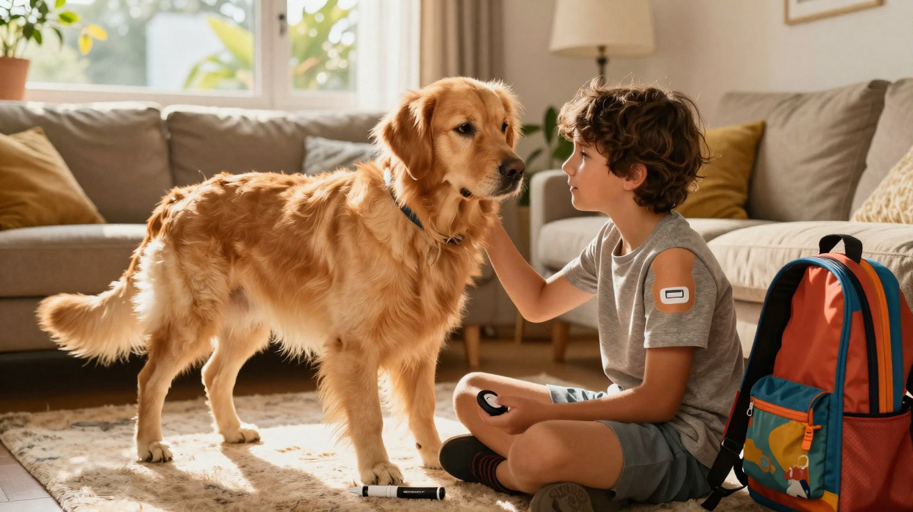 Young boy with insulin pump and glucose monitor sitting on the floor, gently petting a golden retriever in a living room.