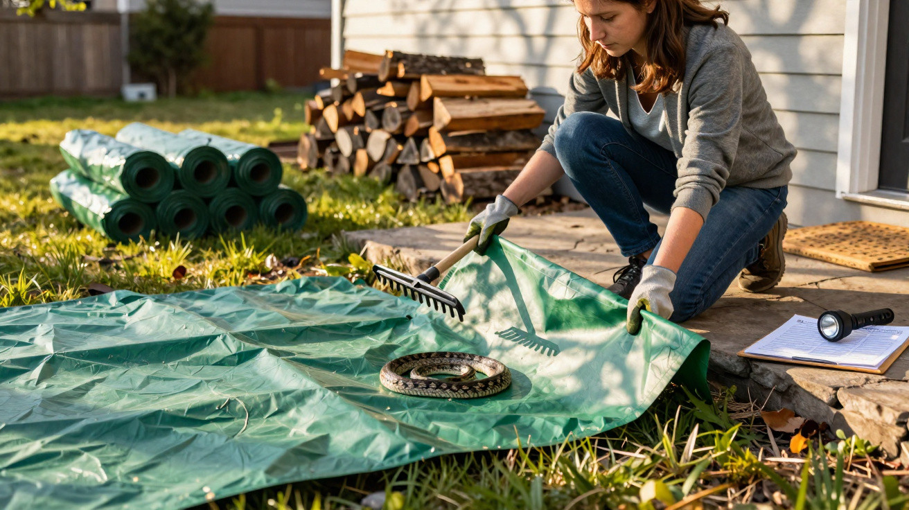 Woman carefully capturing a coiled snake on a green tarp using a rake in a backyard garden.
