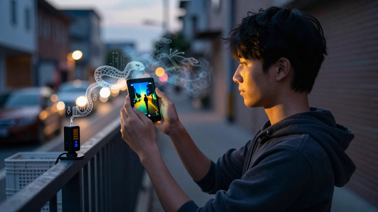 Young man outdoors at dusk using handheld gaming device with digital snake and plant graphics emerging from screen.